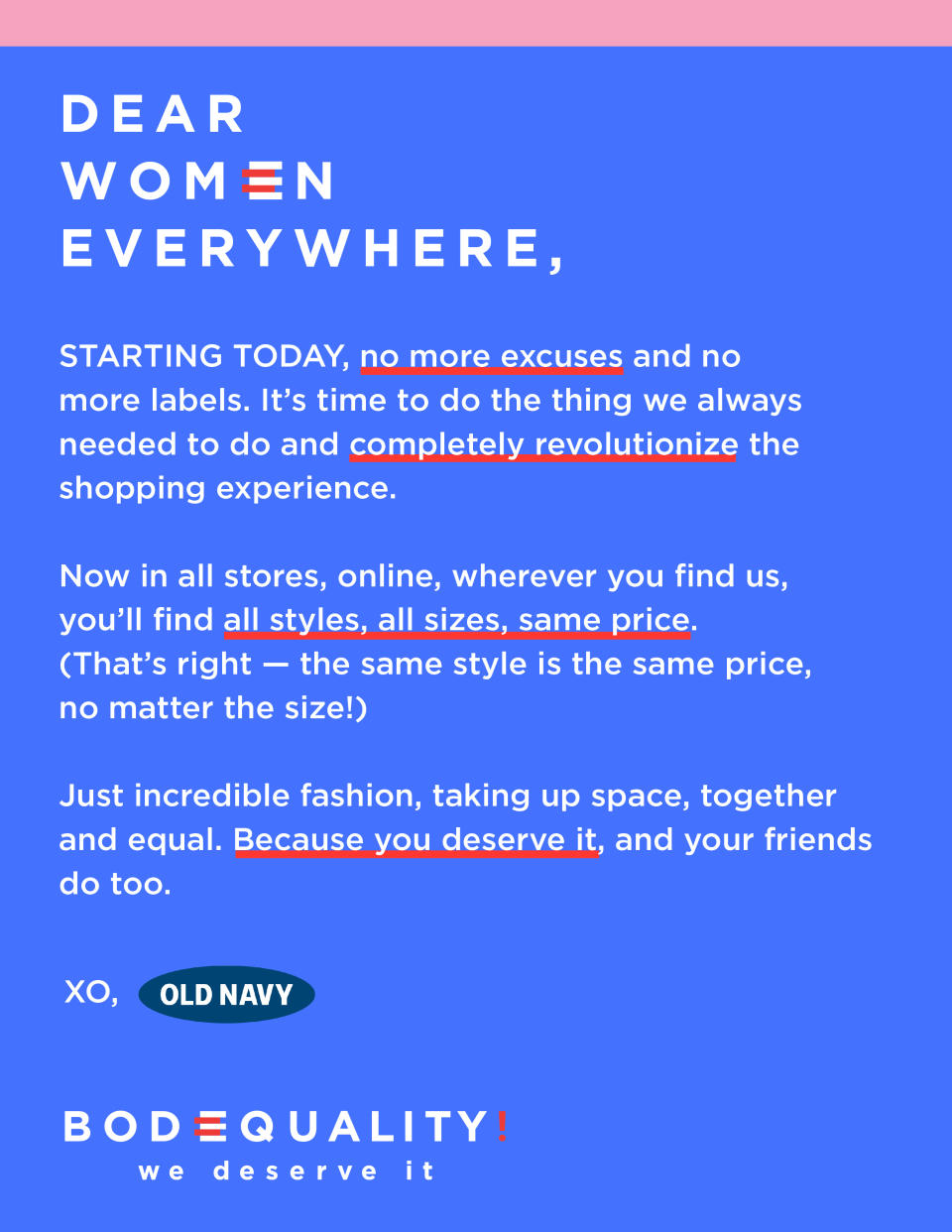 Old Navy’s Bodequality initiative includes an open letter to women everywhere. - Credit: Courtesy Photo