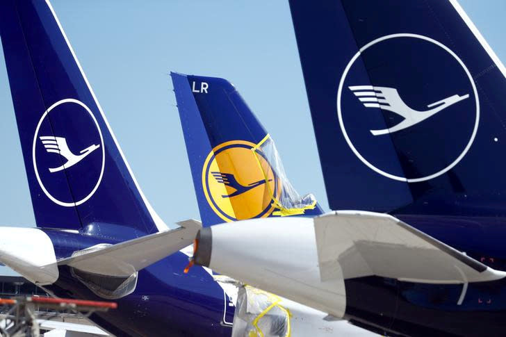 FILE PHOTO: Planes of German airline Lufthansa parked at Frankfurt airport