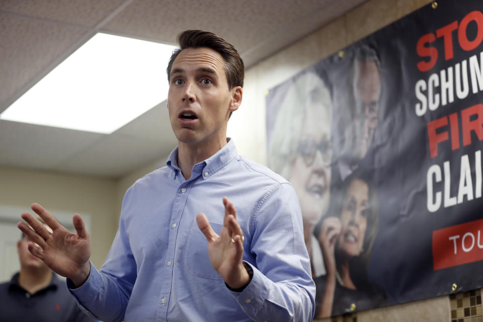 FILE - In this Sept. 27, 2018 file photo, Missouri Attorney General and Republican U.S. Senate candidate Josh Hawley speaks to supporters during a campaign stop in St. Charles, Mo. Missouri's Democratic Sen. Claire McCaskill is making a bid for a third term in a state that's trended increasingly red in recent years, setting up a nationally watched showdown that could be pivotal to party control of the Senate. (AP Photo/Jeff Roberson, File)