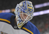 St. Louis Blues goaltender Jordan Binnington skates during a break in the second period of the team's NHL hockey game against the Vegas Golden Knights on Wednesday, Oct. 20, 2021, in Las Vegas. (AP Photo/David Becker)