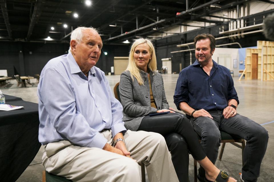 Gray Frederickson, Rachel Cannon and Matt Payne are shown at the dedication of the Gray Frederickson Sound Stage at Prairie Surf Studios in 2021.