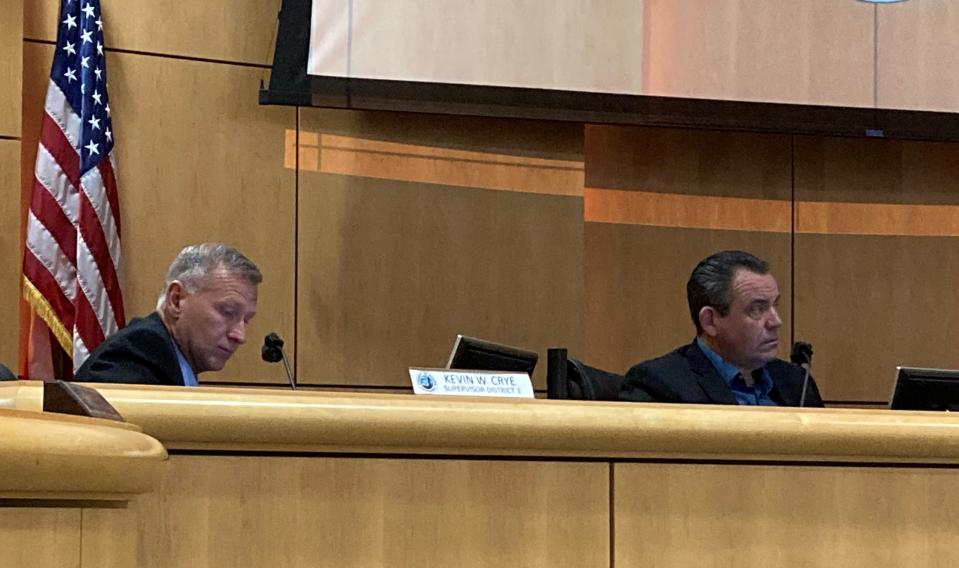 Supervisor Kevin Crye, left, and Supervisor Chris Kelstrom at the Jan. 10, 2023, Shasta County Board of Supervisors meeting.