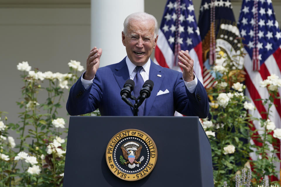 President Joe Biden speaks during an event in the Rose Garden of the White House in Washington, Monday, July 26, 2021, to highlight the bipartisan roots of the Americans with Disabilities Act and marking the law's 31st anniversary. (AP Photo/Susan Walsh)