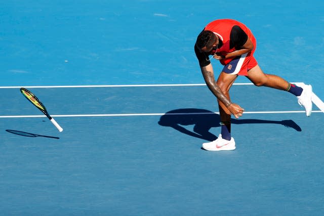 Nick Kyrgios throws his racket in frustration