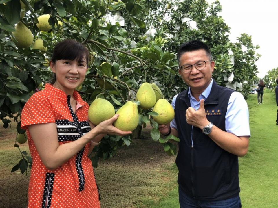 農糧署副署長姚志旺（右）表示，麻豆紅柚的風味和品質值得消費者品嘗，中秋除購買文旦外，可多準備一箱紅柚。（記者盧萍珊攝）