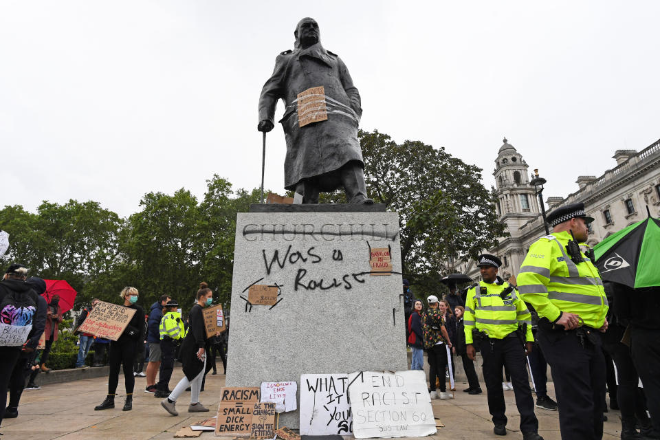 Graffiti on the Winston Churchill statue during the Black Lives Matter protest rally in Parliament Square, Westminster, London, in memory of George Floyd who was killed on May 25 while in police custody in the US city of Minneapolis.