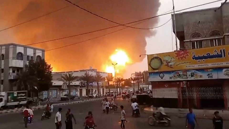 Smoke and flames rise from a site in Hodeidah, Yemen, on Saturday, July 20, 2024, following an Israeli strike. - AP