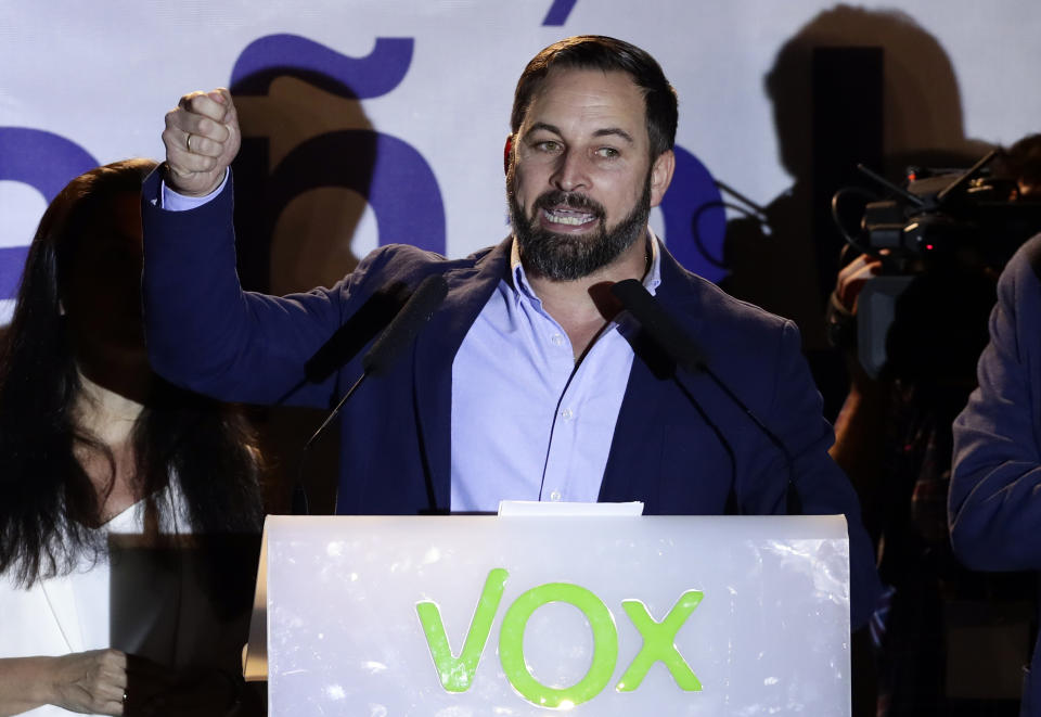 Santiago Abascal, leader of far right party Vox, addresses supporters gathered outside the party headquarters following the general election in Madrid, Sunday, April 28, 2019. A divided Spain voted Sunday in its third general election in four years, with all eyes on whether a far-right party will enter Parliament for the first time in decades and potentially help unseat the Socialist government. (AP Photo/Manu Fernandez)