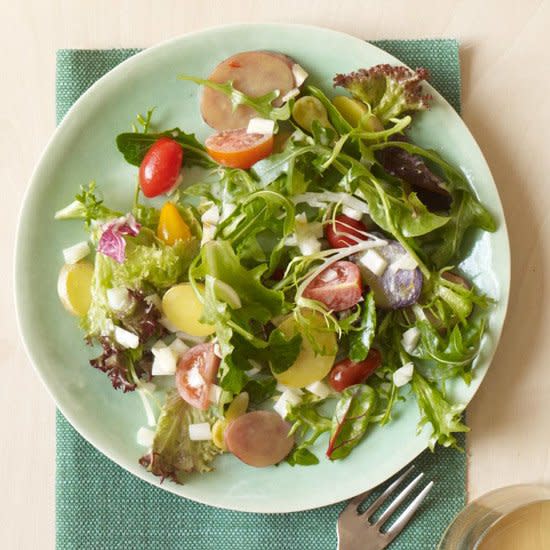 Saffron Fingerling Potato Salad with Mixed Greens and Tomatoes