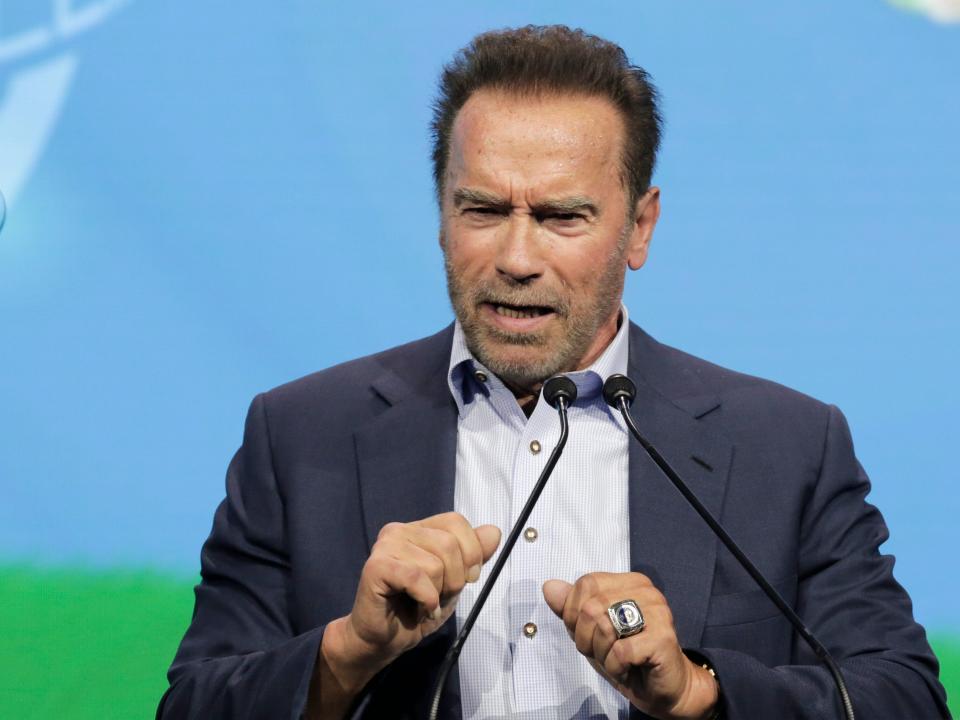 Arnold Schwarzenegger speaks at the Austrian World Summit in Vienna, Austria on July 1, 2021.