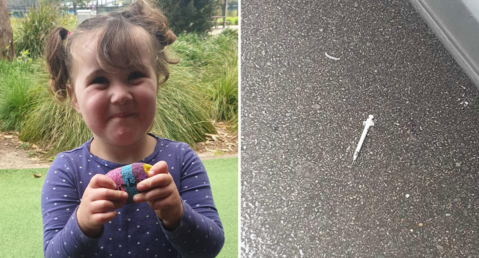 Two-year-old Piper pictured alongside needle on Kmart car park ground in Waratah, near Newcastle, NSW.