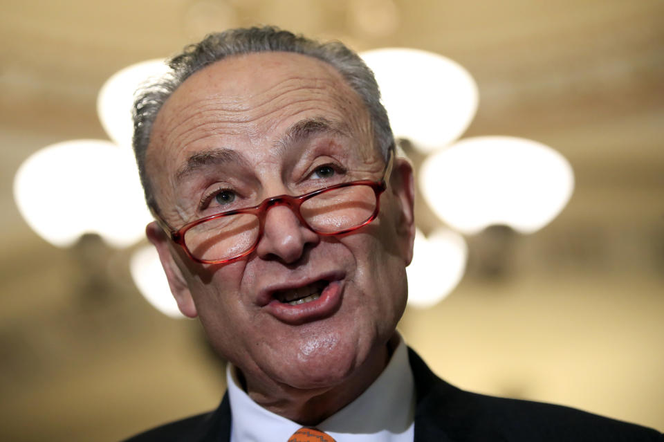 In this Dec. 11, 2018 photo, Senate Minority Leader Chuck Schumer, D-N.Y., speaks to reporters on Capitol Hill in Washington. Parties and Christmas cookies only soothe so much in the chilly Capitol after two years of President Donald Trump’s provocations, dramas like Supreme Court Justice Brett Kavanaugh’s confirmation and the elections that flipped the House majority to Democrats. Everyone wants to go home, yet both chambers were scheduled to be in session next week over hefty matters, including the budget and criminal sentencing reform. (AP Photo/Manuel Balce Ceneta)