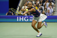 Leylah Fernandez, of Canada, returns a shot to Aryna Sabalenka,of Belarus, during the semifinals of the US Open tennis championships, Thursday, Sept. 9, 2021, in New York. (AP Photo/Seth Wenig)