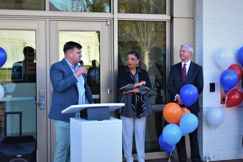 Upstate Warrior Solution President Charlie Hall, with Spartanburg County Foundation COO Mary Thomas and CEO Troy Hanna, announcing UWS as Partner in Residence on Thursday, Dec. 1, 2022