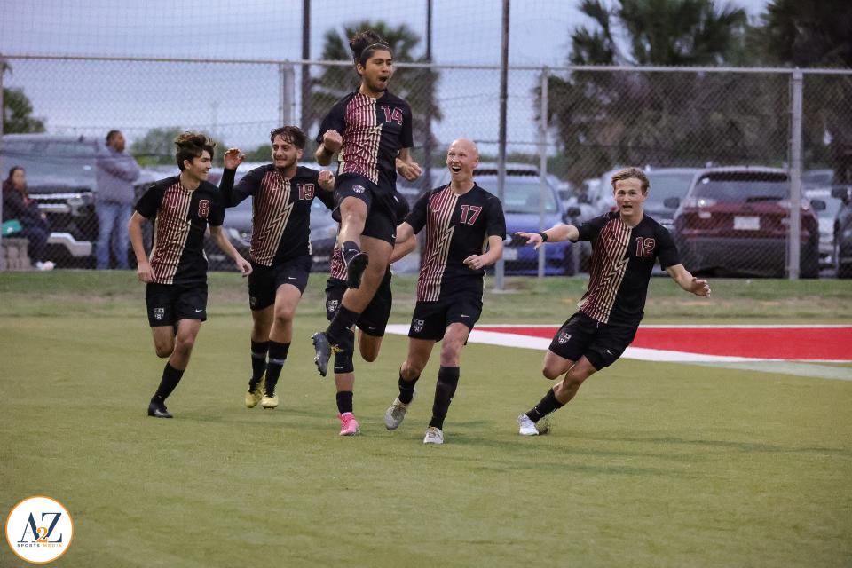 Rouse striker Carlos Manzano celebrates one of his goals against Brownsville Lopez during the Raiders' Class 5A regional semifinal victory. Manzano, who scored 30 goals and had 17 assists, is the Central Texas boys soccer player of the year.