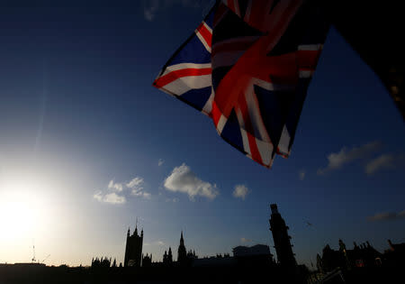 A union flag is seen for sale at a kiosk on Westminster Bridge opposite the Houses of Parliament in London, Britain, December 11, 2018. REUTERS/Henry Nicholls