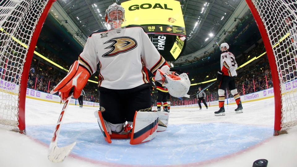 VANCOUVER, CANADA - NOVEMBER 28: John Gibson #36 of the Anaheim Ducks looks at the puck in the net after Vancouver's second goal during their NHL game at Rogers Arena on November 28, 2023 in Vancouver, British Columbia, Canada. The Canucks won 3-1.(Photo by Jeff Vinnick/NHLI via Getty Images)
