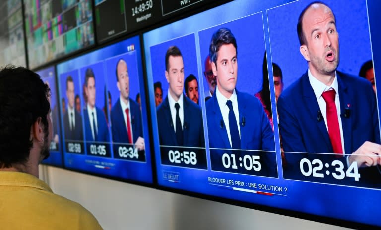 Débat entre le président du RN Jordan Bardella, le Premier ministre Gabriel Attal, et le député LFI Manuel Bompard sur TF1 le 25 juin 2024 avant les élections législatives anticipées (Stefano RELLANDINI)