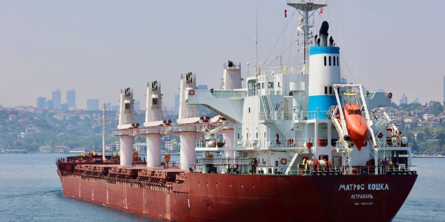 The Russian ship Matros Koshka, on which the Russian Federation could illegally export stolen Ukrainian grain, in the Bosphorus, May 27, 2022