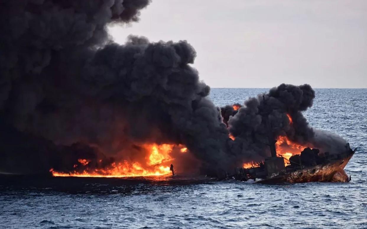  Ministry of China released on January 14, 2018 shows smoke and flames coming from the burning oil tanker