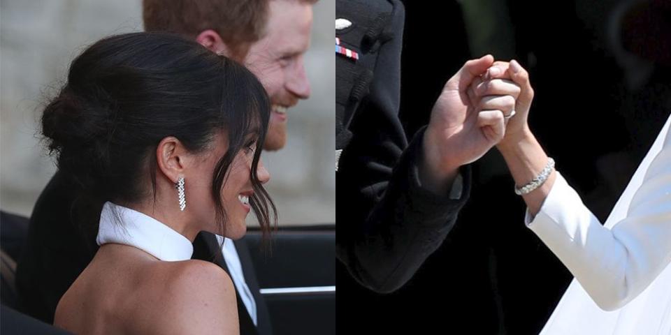 <p>With all eyes on Queen Mary's bandeau tiara, it was easy to miss the dazzling tennis bracelet Meghan wore on her right wrist. The Cartier bangle apparently featured 104 brilliant-cut diamonds and another 52 baguette-cut diamonds totaling 5.6 carats. You can still buy one - but you'll have to cough up <a rel="nofollow noopener" href="http://www.cartier.com/en-us/collections/jewelry/categories/bracelets/reflection-de-cartier/h6012717-reflection-de-cartier-bracelet.html" target="_blank" data-ylk="slk:$155,000;elm:context_link;itc:0;sec:content-canvas" class="link ">$155,000</a>. Later that night, she wore a pair of earrings from the same Reflection de Cartier collection worth <a rel="nofollow noopener" href="http://www.cartier.com/en-us/collections/jewelry/categories/earrings/reflection-de-cartier/h8000215-reflection-de-cartier-earrings.html" target="_blank" data-ylk="slk:$68,000;elm:context_link;itc:0;sec:content-canvas" class="link ">$68,000</a> (plus tax, mind you). <br></p>