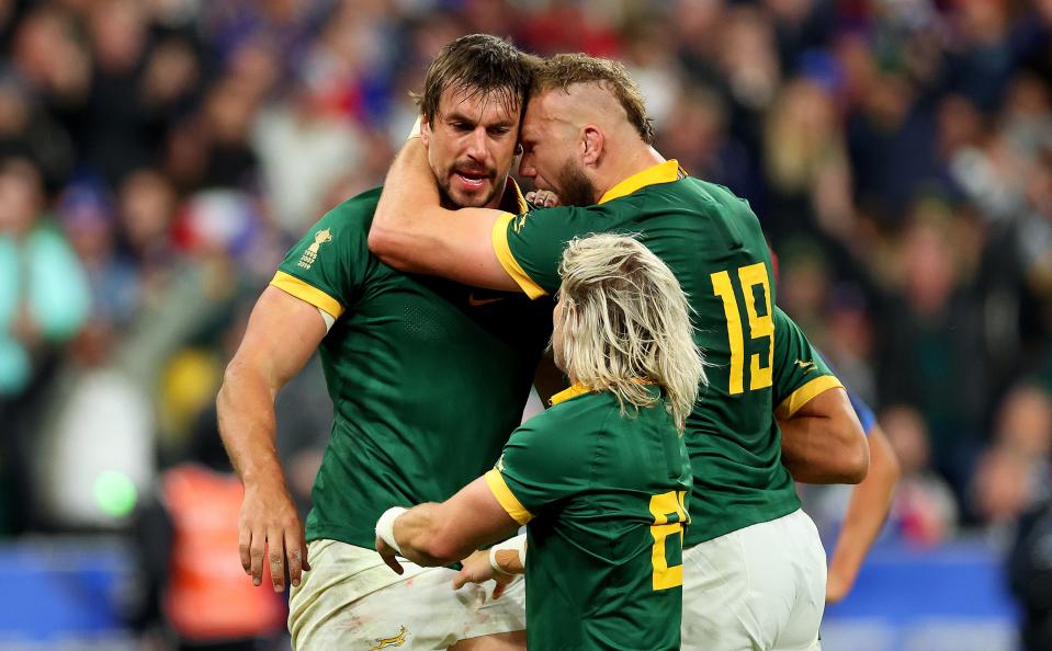 Eben Etzebeth, left, celebrates with RG Snyman and the slightly more diminutive Faf de Klerk (Getty Images)