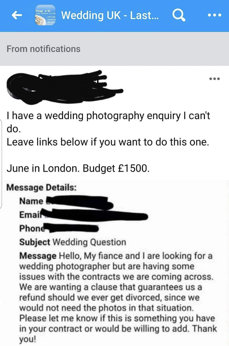 Screenshot of someone being entitled about their wedding