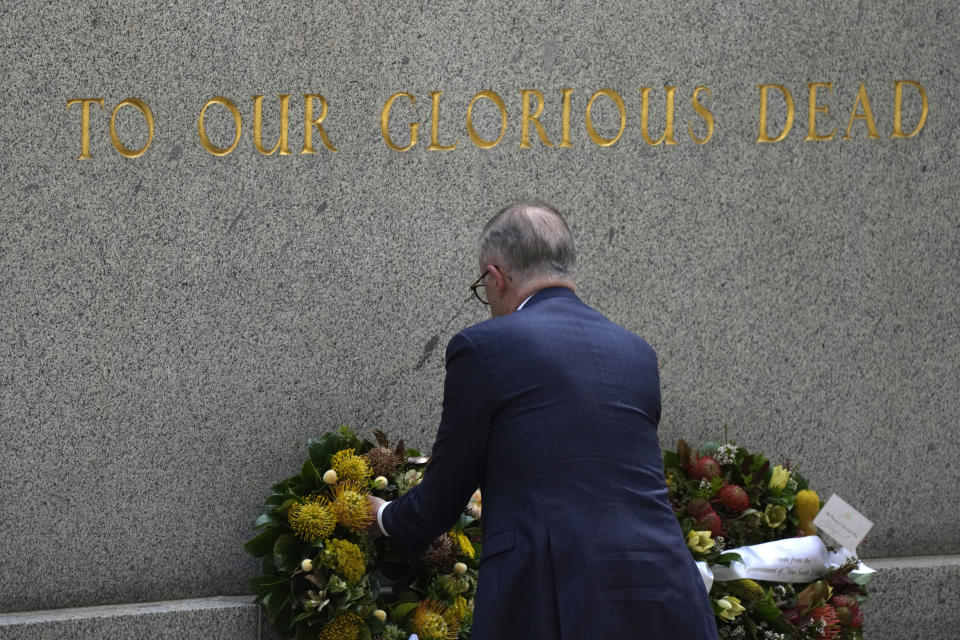 Australian Prime Minister Anthony Albanese lays a wreath at the cenotaph during Remembrance Day ceremonies honoring Word War I soldiers in Sydney, Friday, Nov. 11, 2022. (AP Photo/Rick Rycroft)
