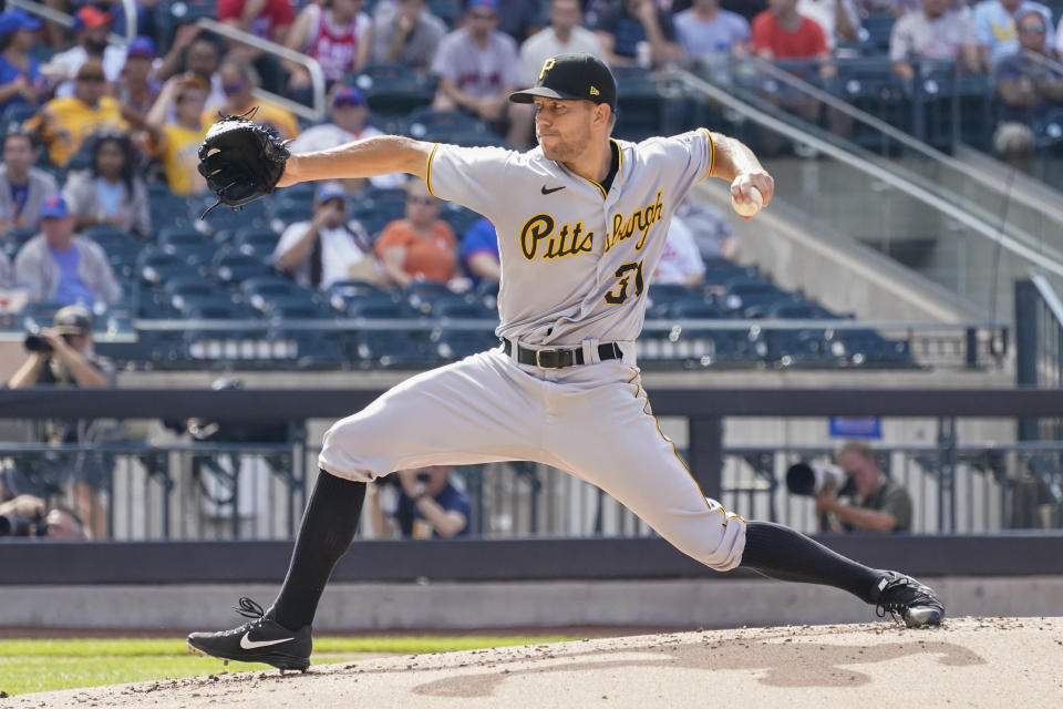 Pittsburgh Pirates starting pitcher Tyler Anderson delivers during the first inning of the first baseball game of a doubleheader against the New York Mets, Saturday, July 10, 2021, in New York. (AP Photo/Mary Altaffer)