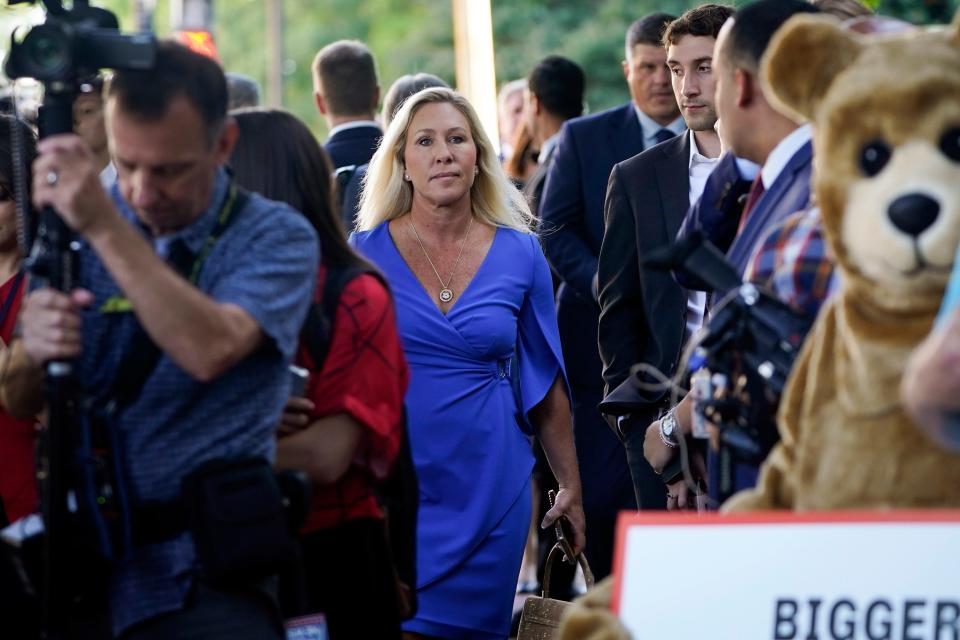 Rep. Marjorie Taylor Greene (R-GA) arriving before a gathering with Former President Donald Trump at the Capitol Hill Club and Congressional House Republicans on June 13, 2024 on Capitol Hill.