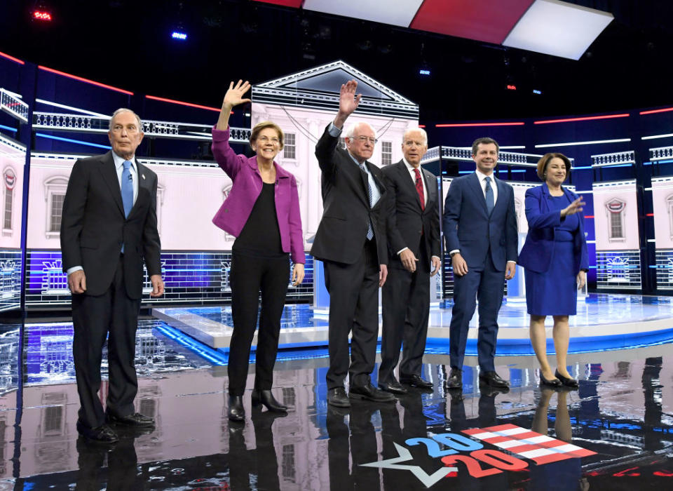 LAS VEGAS, NEVADA - FEBRUARY 19:  Democratic presidential candidates (L-R) former New York City Mayor Mike Bloomberg, Sen. Elizabeth Warren (D-MA), Sen. Bernie Sanders (I-VT), former Vice President Joe Biden, former South Bend, Indiana Mayor Pete Buttigieg and Sen. Amy Klobuchar (D-MN) stand onstage at the start of the Democratic presidential primary debate at Paris Las Vegas on February 19, 2020 in Las Vegas, Nevada. Six candidates qualified for the third Democratic presidential primary debate of 2020, which comes just days before the Nevada caucuses on February 22.  (Photo by Ethan Miller/Getty Images)