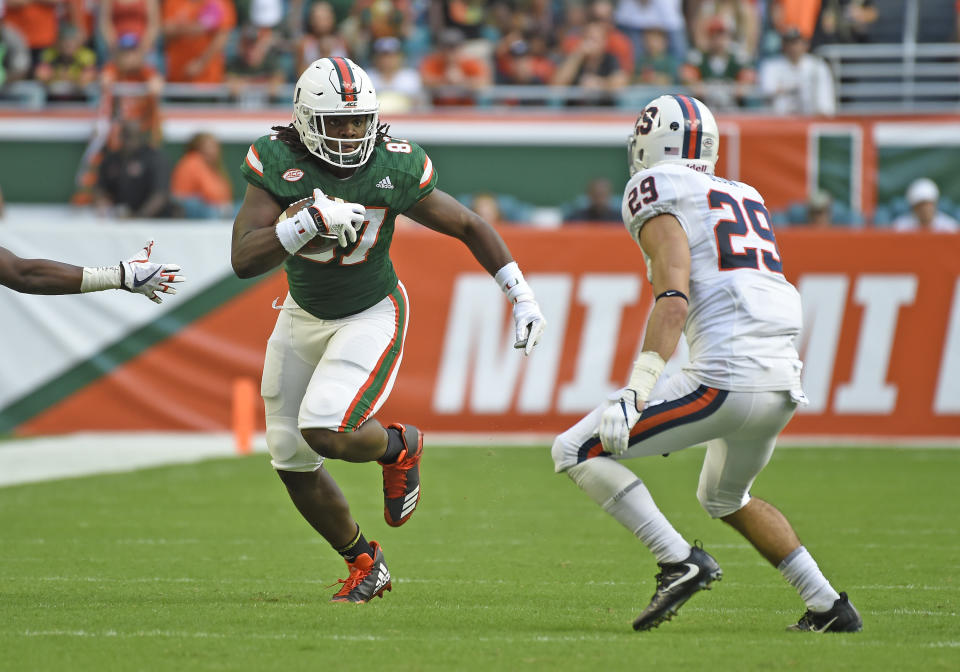 MIAMI GARDENS, FL - NOVEMBER 18: University of Miami tight end Michael Irvin II (87) plays during an NCAA football game between the University of Virginia Cavaliers and the University of Miami Hurricanes on November 18, 2017 at Hard Rock Stadium, Miami Gardens, Florida. Miami defeated Virginia 44-28.  (Photo by Richard C. Lewis/Icon Sportswire via Getty Images)