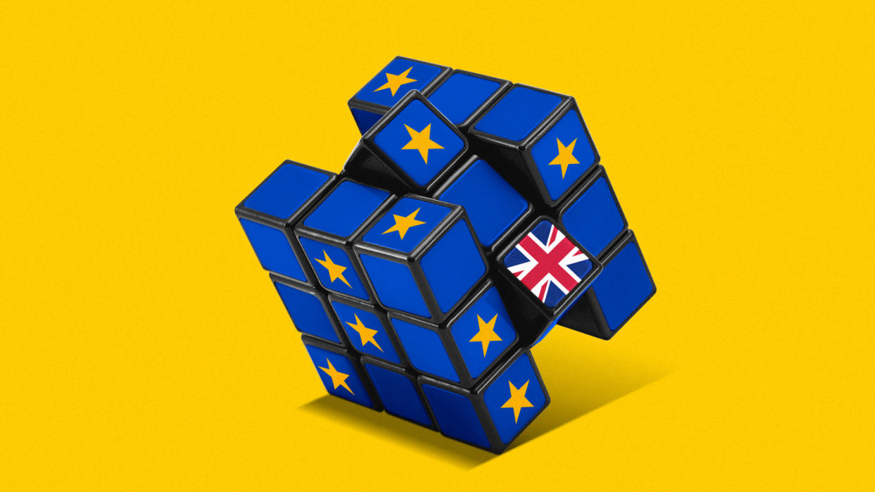  A Rubik's cube with EU colours and a Union Jack. 