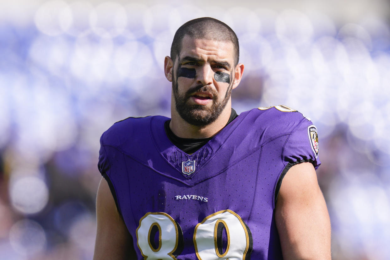 Nov 12, 2023; Baltimore, Maryland, USA;  Baltimore Ravens tight end Mark Andrews (89) looks on before a game against the Cleveland Browns at M&T Bank Stadium. Mandatory Credit: Jessica Rapfogel-USA TODAY Sports