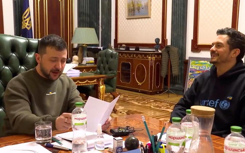 Orlando Bloom and Ukraine's President Volodymyr Zelenskiy hold a meeting to discuss humanitarian aid projects - @zelenskiy_official/@zelenskiy_official via REUTERS