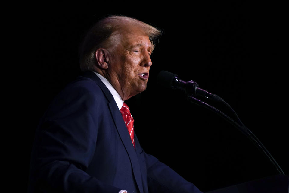 Former President Donald Trump speaks during a commit to caucus rally, Sunday, Oct. 29, 2023, in Sioux City, Iowa. (AP Photo/Charlie Neibergall)