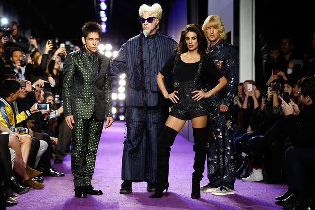 <p>Brian Ach/Getty</p> Ben Stiller, Will Ferrell, Penélope Cruz and Owen Wilson walk the runway during the 'Zoolander 2' world premiere in February 2016