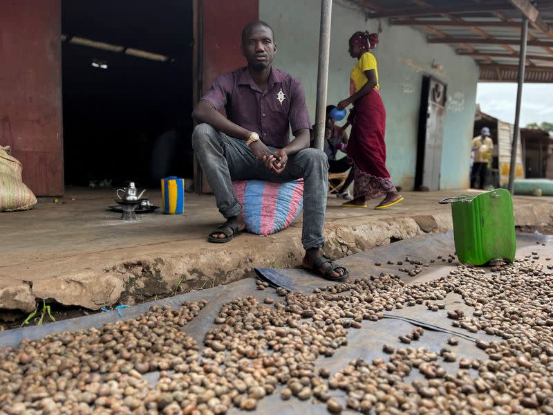 Drissa Dembele, a farmer and buyer of raw cashew, sits in front of unshelled nuts spreaded out to dry, in Katiola