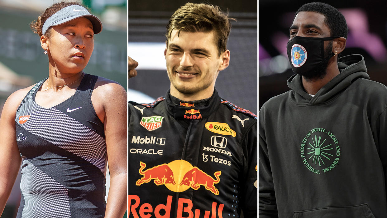 Naomi Osaka, Max Verstappen and Kyrie Irving were embroiled in some of the biggest sporting controversies of 2021. (Getty Images)