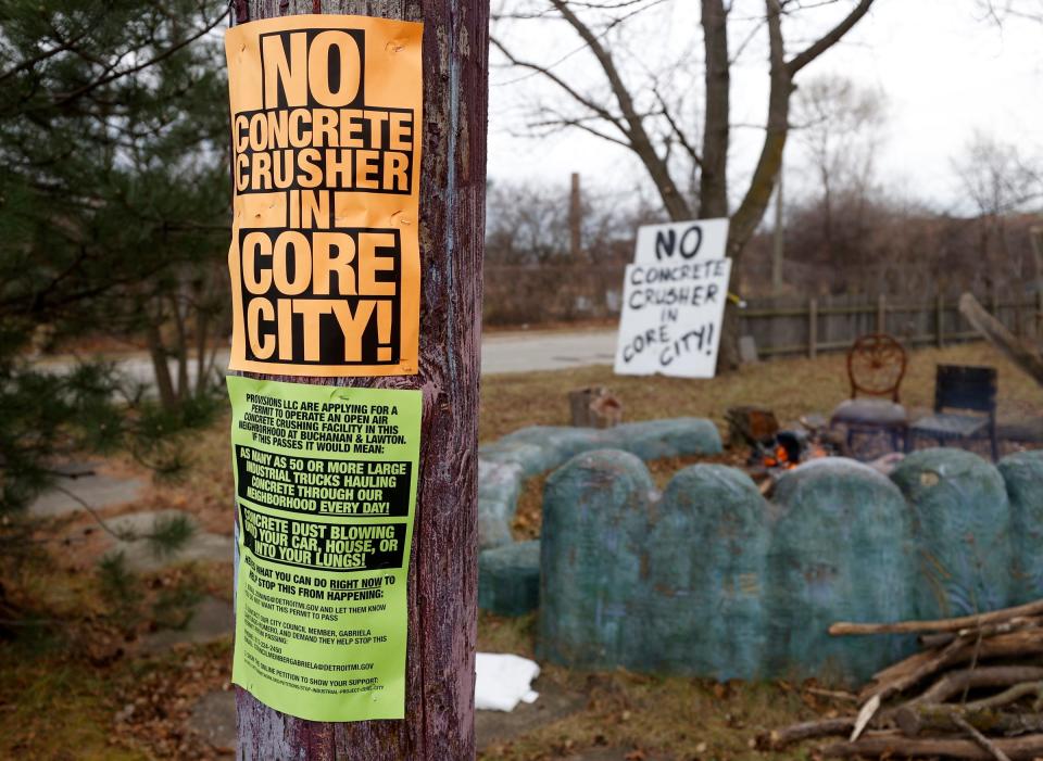 One of many "no concrete crusher" signs near the site where a concrete crusher is proposed to go on Lawton Street in Detroit as seen on Dec 14, 2022.
This site is located near an urban farming area and homes. Residents nearby are worried all the concrete dust and the number of heavy trucks carrying concrete will ruin their roads and be a hazard to their health.