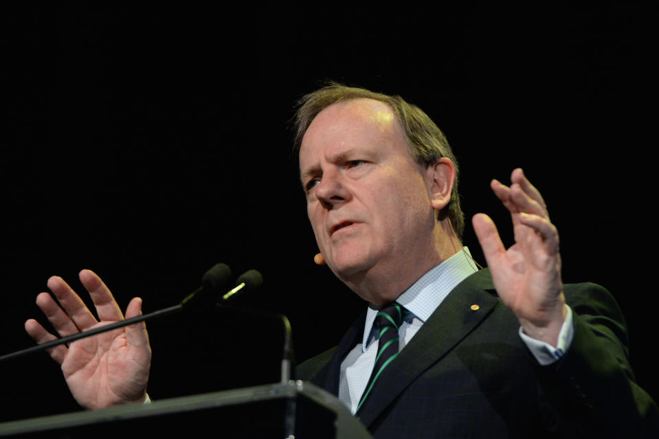 Former federal treasurer Peter Costello delivering a keynote speech in 2014.