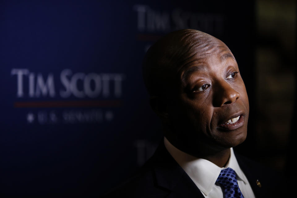 FILE - Sen. Tim Scott, R-S.C., holds a news conference after winning his Senate race against Democratic challenger Thomas A. Dixon at the North Charleston Performing Arts Center in North Charleston, S.C., Nov. 8, 2016. Scott has filed paperwork to enter the 2024 Republican presidential race. He'll be testing whether a more optimistic vision of America’s future can resonate with GOP voters who have elevated partisan brawlers in recent years. (AP Photo/Mic Smith, File)