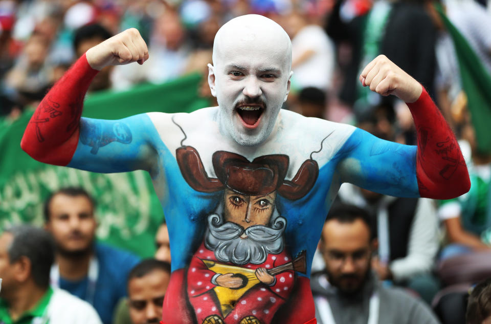 <p>A Russian fan is seen during the 2018 FIFA World Cup Russia group A match between Russia and Saudi Arabia at Luzhniki Stadium on June 14, 2018 in Moscow, Russia. (Photo by Ian MacNicol/Getty Images) </p>