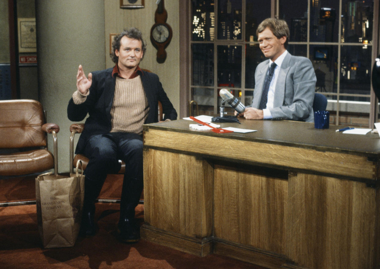 LATE NIGHT WITH DAVID LETTERMAN -- Episode 407 -- Pictured: (l-r) Actor Bill Murray during an interview with host David Letterman on May 31, 1984 -- (Photo by: R. M. Lewis jr./NBCU Photo Bank/NBCUniversal via Getty Images via Getty Images)