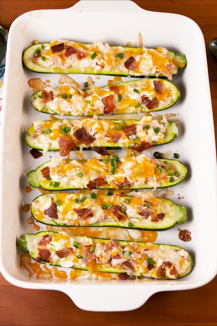 <p><a href="https://www.delish.com/uk/cooking/recipes/a34490946/bacon-wrapped-jalapenos-recipe/" rel="nofollow noopener" target="_blank" data-ylk="slk:Jalapeño Poppers;elm:context_link;itc:0;sec:content-canvas" class="link ">Jalapeño Poppers</a> are our favourite appetisers, so naturally, we turned them into an actual dinner. We skipped the frying and put them into courgette boats for an easy, low-carb take on the favourite we can't get enough of.</p><p>Get the <a href="https://www.delish.com/uk/cooking/recipes/a34927163/jalapeno-popper-zucchini-boats-recipe/" rel="nofollow noopener" target="_blank" data-ylk="slk:Jalapeño Popper Courgette Boats;elm:context_link;itc:0;sec:content-canvas" class="link ">Jalapeño Popper Courgette Boats</a> recipe.</p>