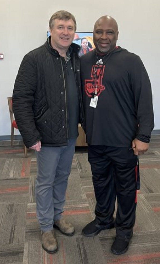 Georgia football coach Kirby Smart with Jenkins coach Tony Welch at a recruiting visit at Jenkins Tuesday.
(Photo: Jenkins Athletics)