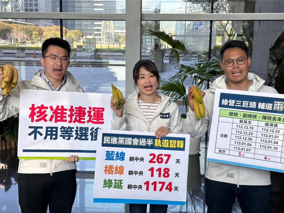 國民黨正副總統候選人侯友宜、趙少康暨台中市立委競選總部發言人楊大鈜（右一）、林昊佑（左一）、黃佳恬（中）10日開記者會批綠營三巨頭頻繁來台中輔選，捷運藍線卻至今還沒核定。（侯康台中競總提供／張亦惠台中傳真）