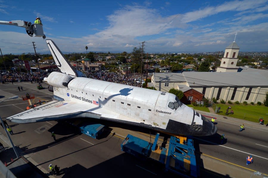 The Space Shuttle Endeavour is slowly moved along a city street October 12, 2012 in Los Angeles, California. (Getty Images)