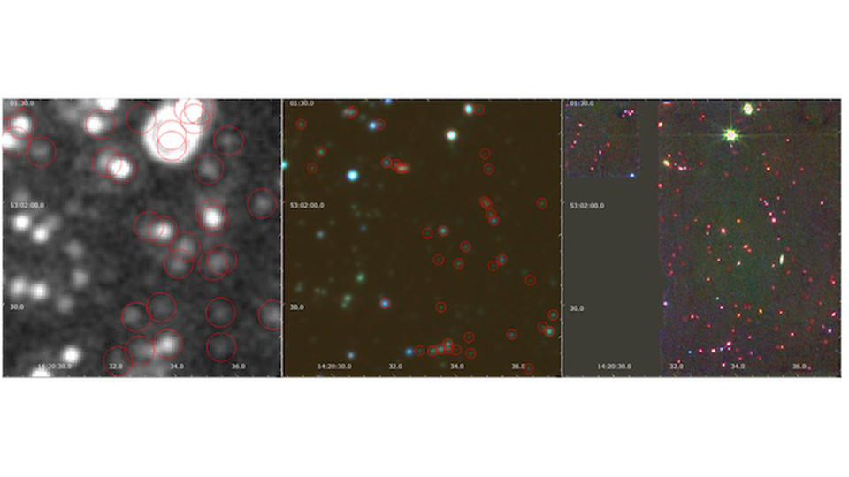 MIRI Pointing 1 (right panel) alongside the Spizter/IRAC (middle) and MIPS (left) observations of the same region.