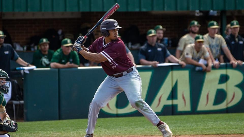 Florida A&M baseball outfielder Janmikell Bastardo prepares to bat during his time with Alabama A&M in a game against UAB in Birmingham, Alabama. Bastardo transferred to play for the Rattlers ahead of the 2022 season.